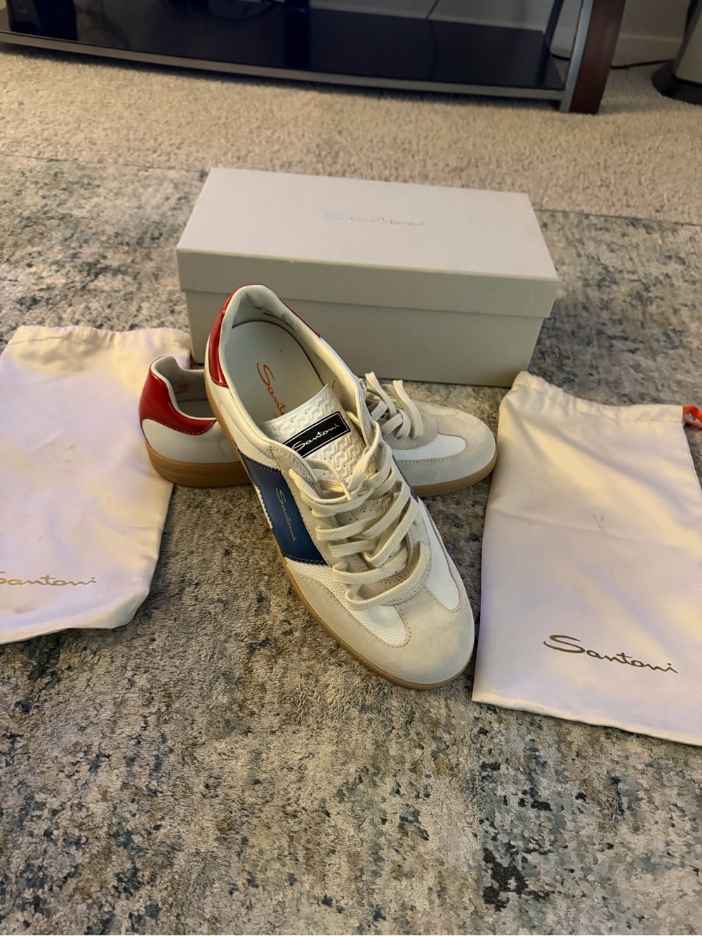 Santoni White Leather Sneakers with Blue Side Panel and Red Heel